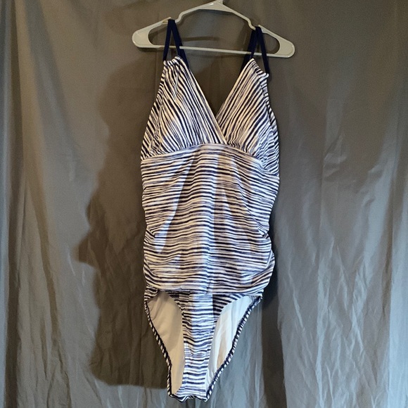 Time and Tru One Piece Blue and White Criss Cross Back Bathing Suit - Picture 1 of 3